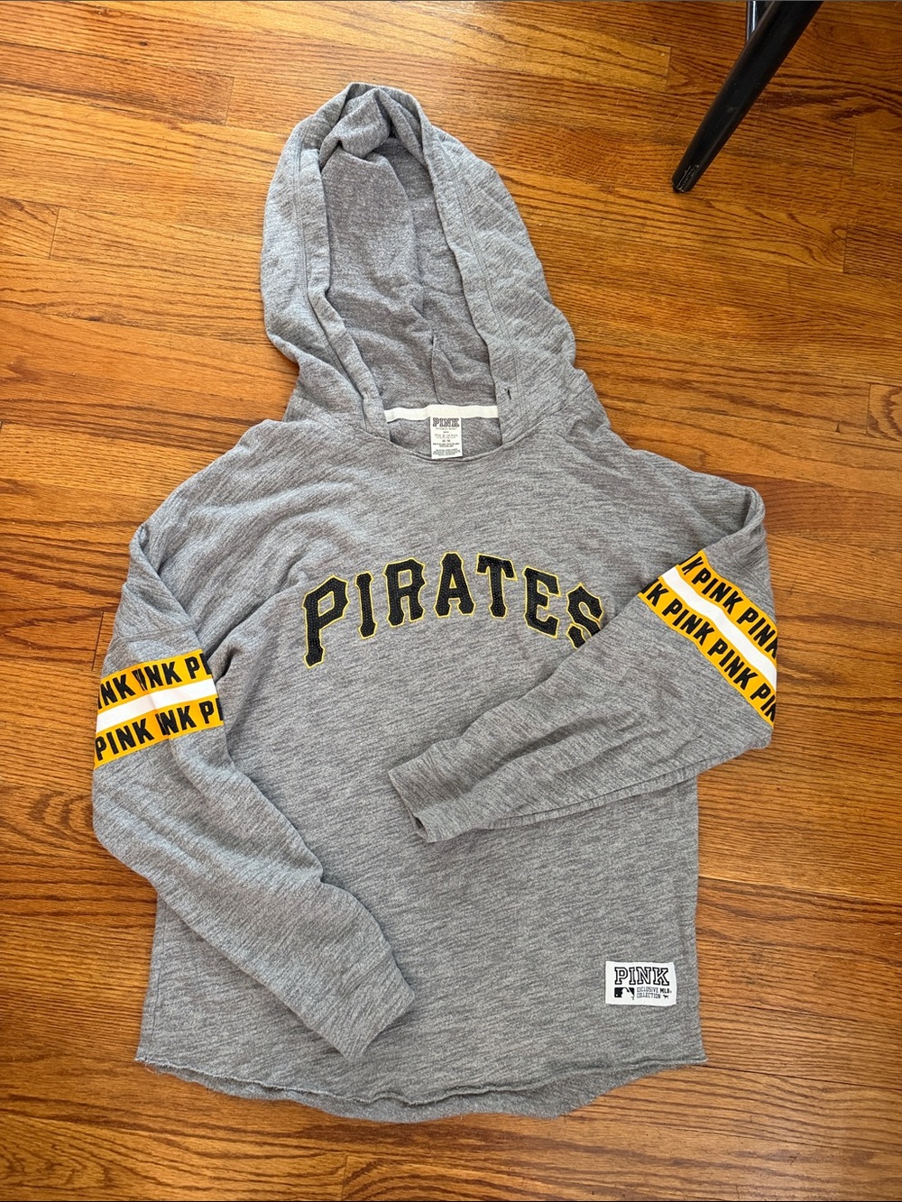 PINK Victoria's Secret Gray Hooded 'Pirates' Sweatshirt with Yellow Accents